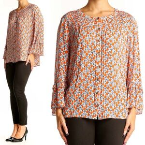 Maeve Anthropologie Floral Blouse S Orange Blue Print Button Front Rayon Top